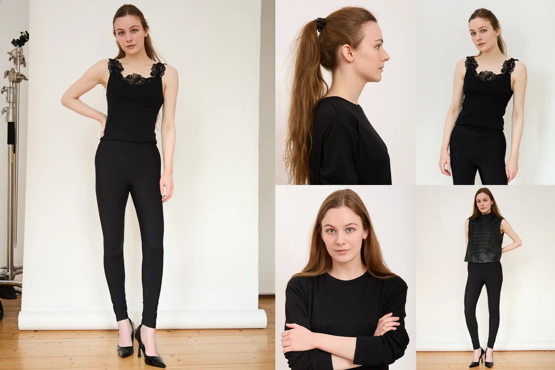 A model's headshot featuring a young woman with long brown hair and blue eyes, shown in five photos against a neutral background: a full-body shot in a black lace top, leggings, and high heels; a profile portrait with her hair pulled back in a ponytail; a head-and-shoulders portrait facing forward with her arms crossed; another full-body shot in a black lace top, looking to the side; and a full-body shot in a black leather vest with a button placket and leggings. Translated with DeepL.com (free version)